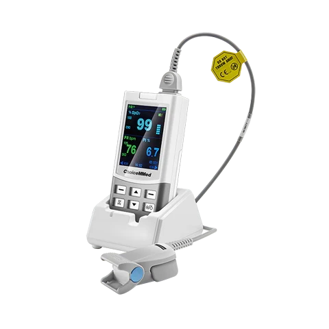 ChoiceMMed MD300MNR handheld pulse oximeter with sensor displaying oxygen saturation and respiratory rate readings.