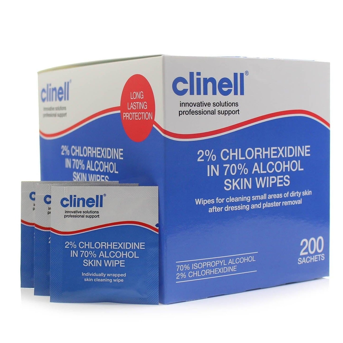 Clinell Alcoholic 2% Chlorhexidine Skin Wipes package with 200 antibacterial wipes, suitable for skin cleansing and disinfection