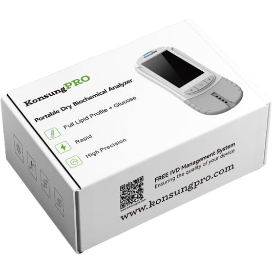 Connect KonsungPRO Lipid Testing Machine UK version, a rapid cholesterol analyzer with digital display and testing ports.
