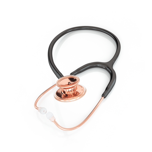 Black and rose gold MD One® adult stethoscope by MDF Instruments with flexible tubing and dual-head chest piece.