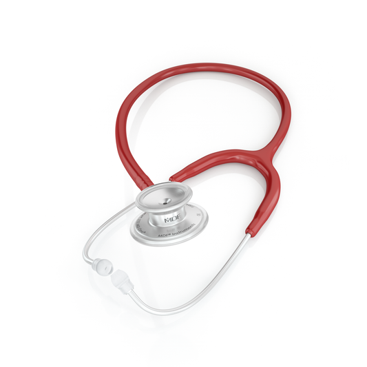 MDF Instruments MD One® adult stethoscope in burgundy with flexible tubing and dual head chest piece, resting on a white surface.