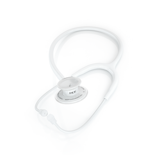 MD One® Adult Stethoscope by MDF Instruments, white and whiteout design, with dual-head chest piece and flexible tubing.