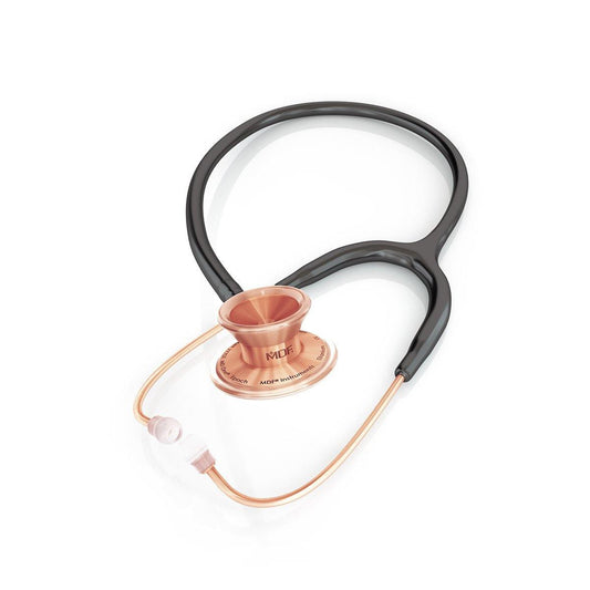 MD One Epoch Titanium adult stethoscope by MDF Instruments with black tubing and rose gold accents, shown in close-up.