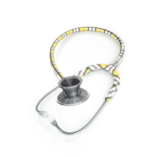 MDF Instruments MD One Epoch Titanium adult stethoscope in Islay and Metalika colors, featuring dual head and adjustable tubing.
