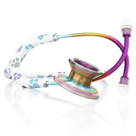 MD One Epoch Titanium adult stethoscope with paw design and travel case by MDF Instruments, featuring sleek titanium tubing and comfortable earpieces.