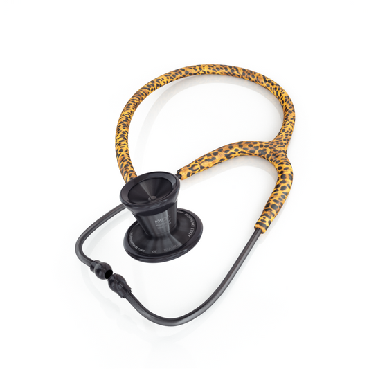 ProCardial Titanium adult cardiology stethoscope by MDF Instruments with cheetah and blackout finish, includes carrying case.