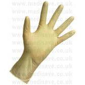 Pair of Premier sterile powder-free latex gloves in medium size, showing the smooth, elastic texture of the gloves.