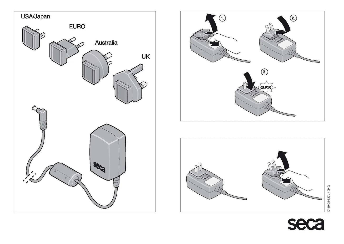 Universal power adapter with interchangeable plugs for USA, Europe, Australia, and UK, assembly instructions included.