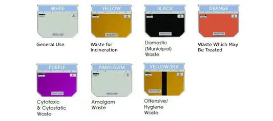 Set of colored medical sack holder lids for different waste types including general use, incineration, municipal, offensive, cytotoxic, amalgam, and hygiene waste.