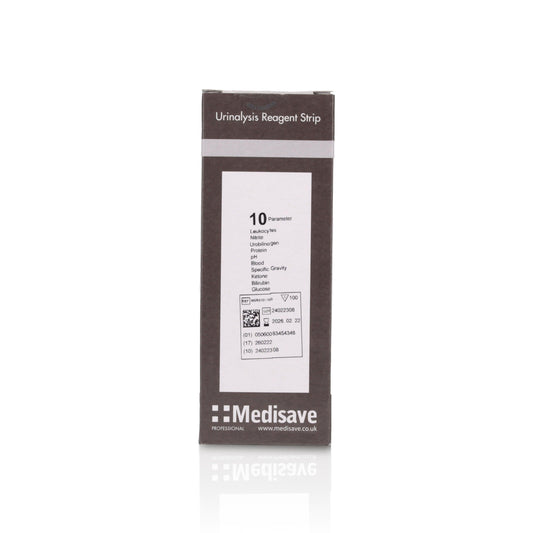 10-parameter urinalysis reagent urine test strips, 100 count, showing strips with color indicator pads for medical testing
