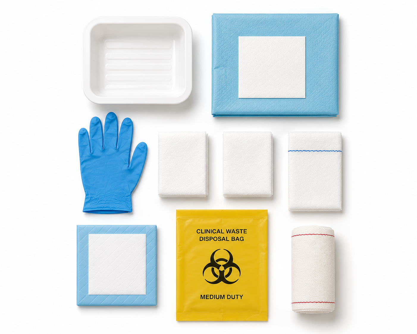 Vena Cava community dressing pack with latex-free nitrile gloves and wound care supplies for first aid and dressing needs