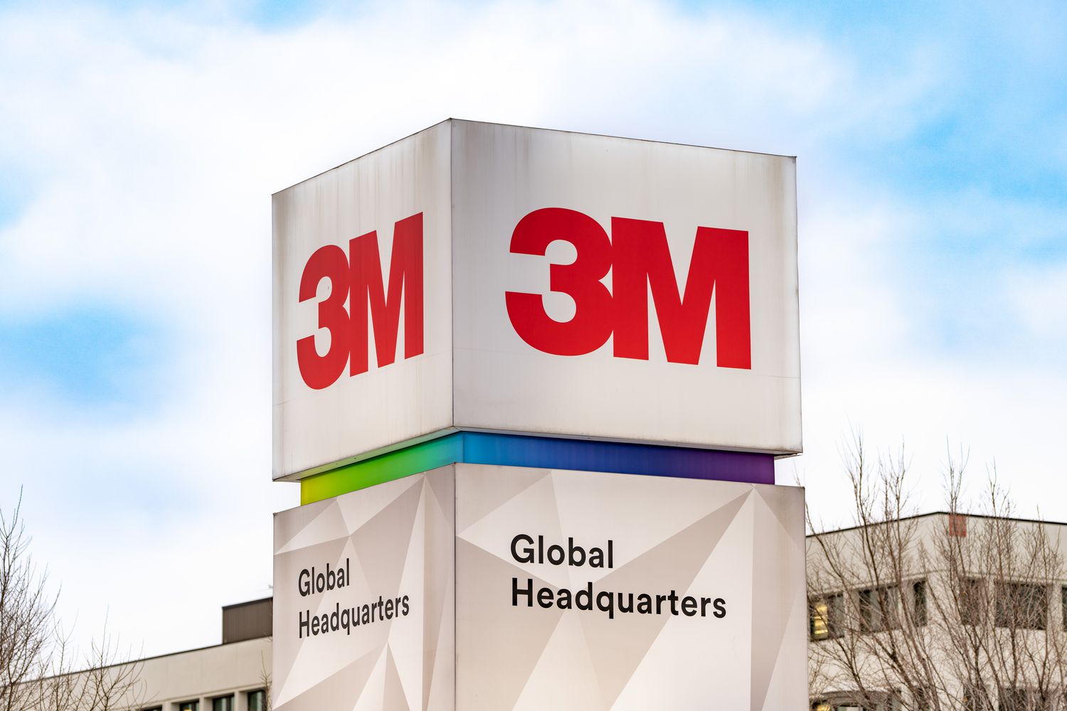 3M global headquarters outdoor sign with red logo and blue sky background