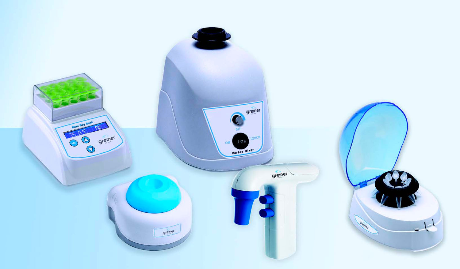 benchtop laboratory equipment including vortex mixer, centrifuge, dry bath, pipette controller