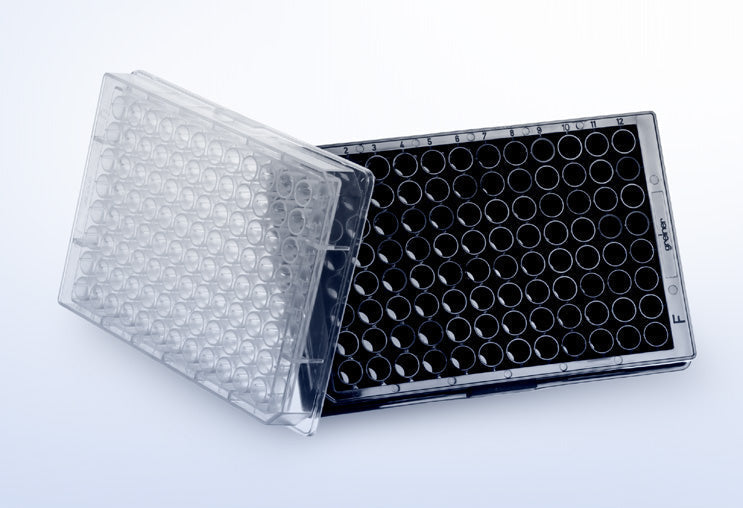 Cell repellent microplates for laboratory assays with clear and black 96-well plates