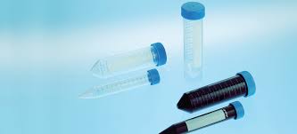 Sterile plastic centrifuge tubes with blue screw caps for laboratory sample storage