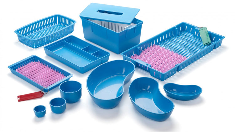 Assorted blue plastic medical sterilization trays, bowls, and kidney dishes for healthcare use