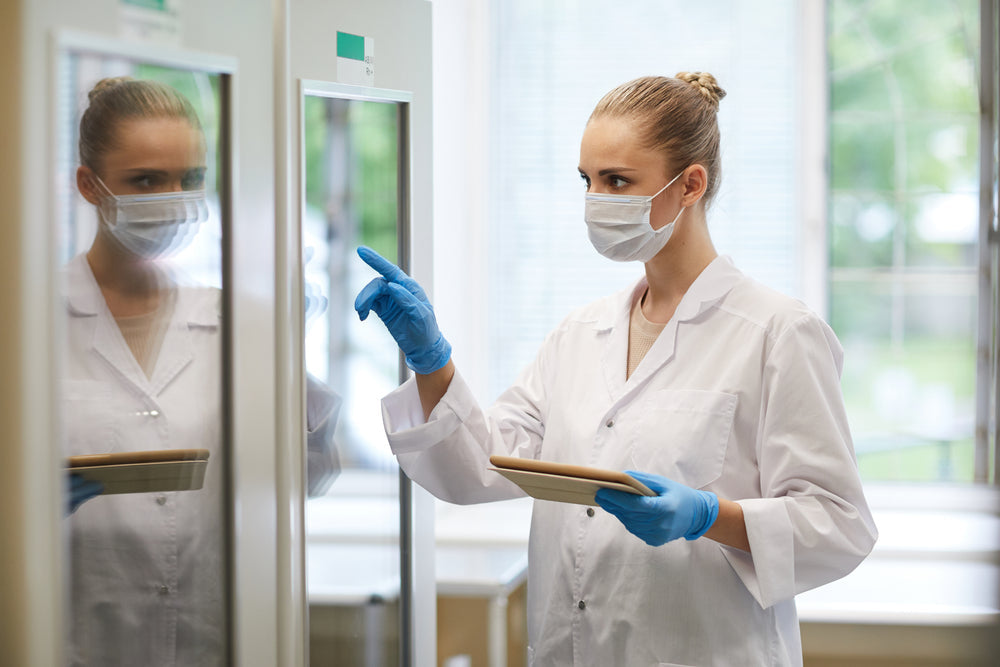 Female healthcare worker in lab coat, mask, and gloves using touchscreen in medical facility