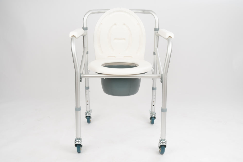 Adjustable mobile commode chair with wheels, white seat and removable bucket for medical use
