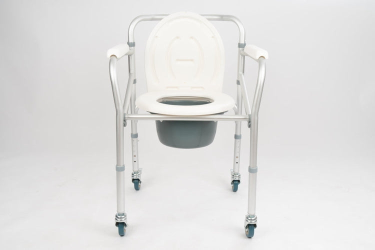 Adjustable mobile commode chair with wheels, white seat and removable bucket for medical use