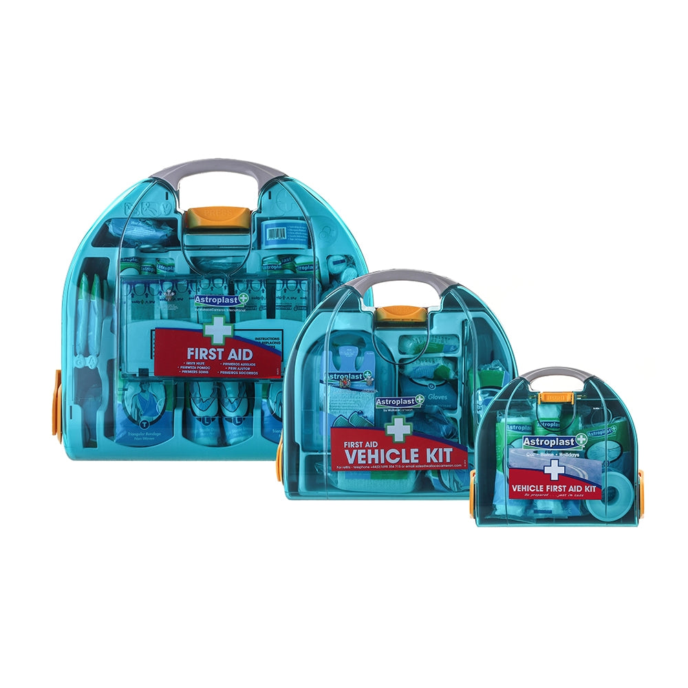 Three blue plastic first aid kits with handles, labeled for general and vehicle use