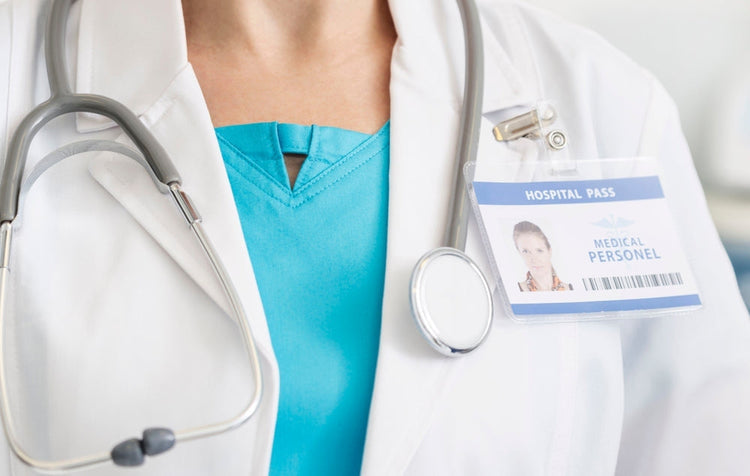 Doctor with stethoscope and hospital ID badge for medical identification supplies