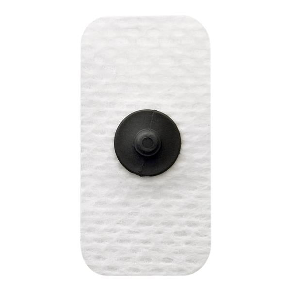 Ambu WhiteSensor paediatric electrode with cloth backing, 19x38mm, shown in case of 300 on a medical surface.