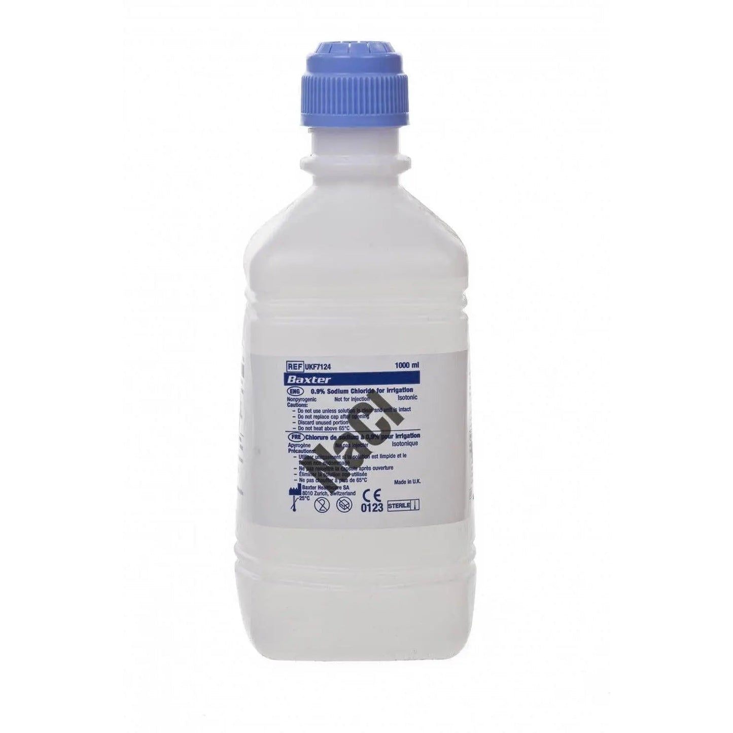 1000ml bottle of 0.9% sodium chloride irrigation solution with blue cap
