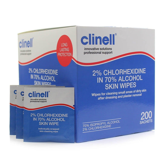 Clinell Alcoholic 2% Chlorhexidine Skin Wipes package with 200 antibacterial wipes, suitable for skin cleansing and disinfection