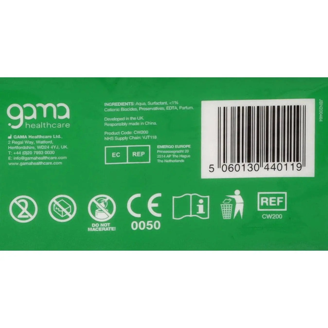 Clinell CW200 Universal Sanitising Wipes, anti-bacterial wipes in a pack of 200, with resealable packaging and white cloth texture.