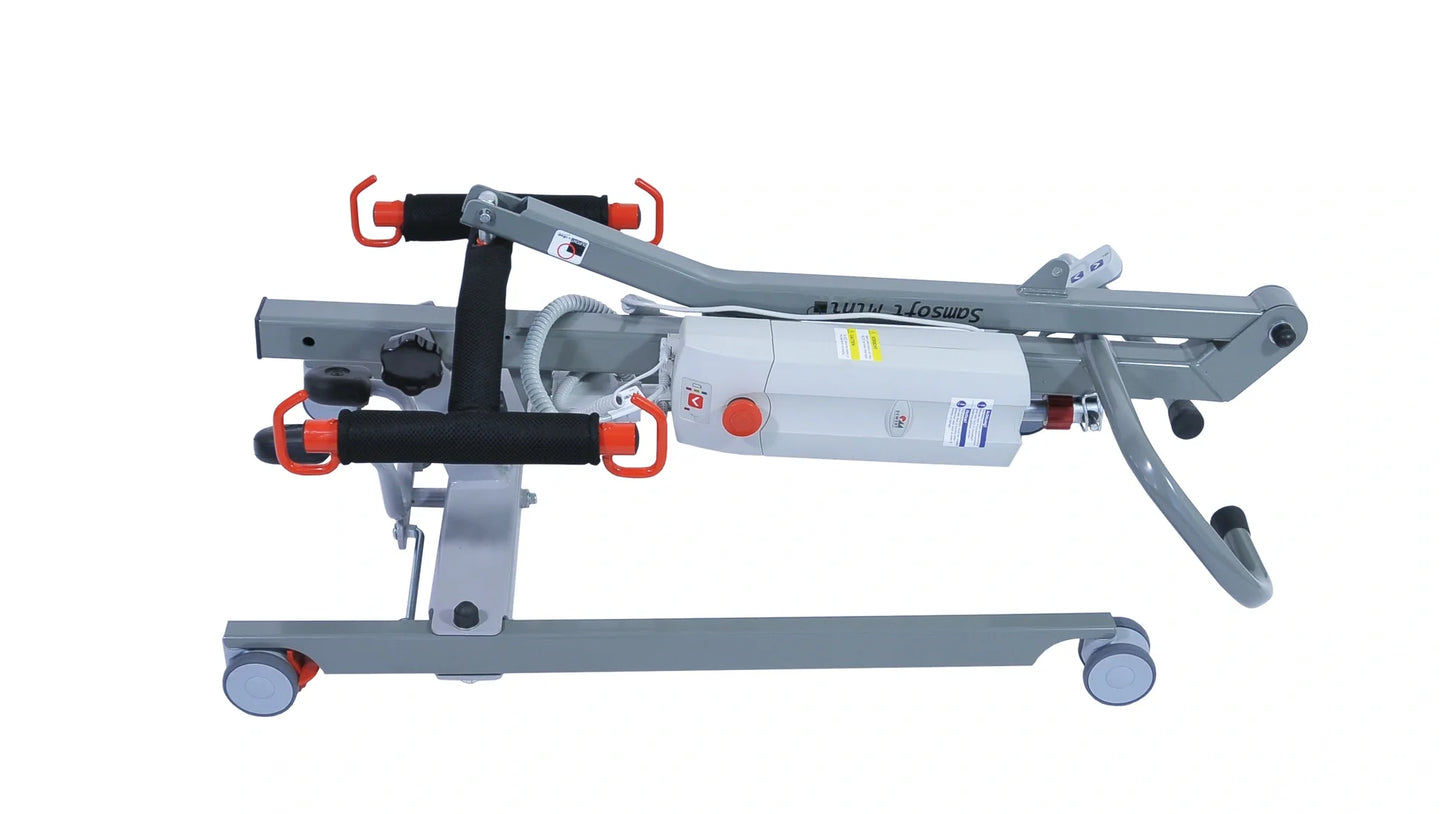 Drive Medical Samsoft 150 compact electric folding hoist with control panel and sturdy frame for safe patient lifting.