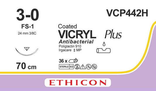 VICRYL Suture PLUS - Braided - Undyed - 3-0 - 70cm - 1 x Reverse cutting - 24mm - 3/8C - 36