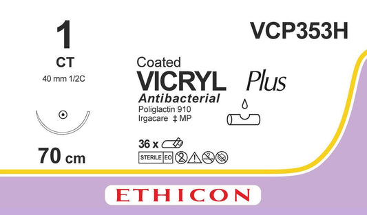 VICRYL Suture PLUS - Braided - Violet - 1 - 70cm - 1 x Taperpoint - 40mm - 1/2C - 36