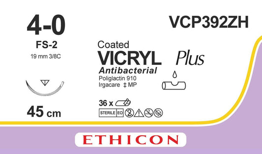 VICRYL Suture PLUS - Braided - Violet - 4-0 - 45cm - 1 x Reverse cutting - 19mm - 3/8C - 36