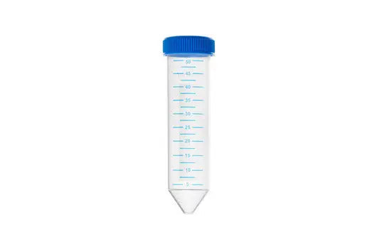 GBO 50 mL polypropylene conical centrifuge tube with blue screw cap, sterile, graduated, measuring 30 x 115 mm, labeled in image.