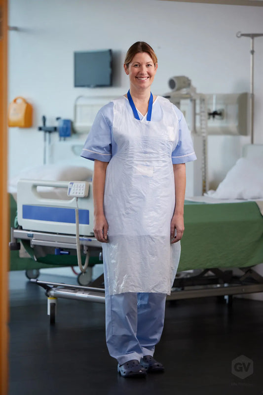 White latex-free healthcare apron by GV Health, roll of 200, designed for medical and clinical use.