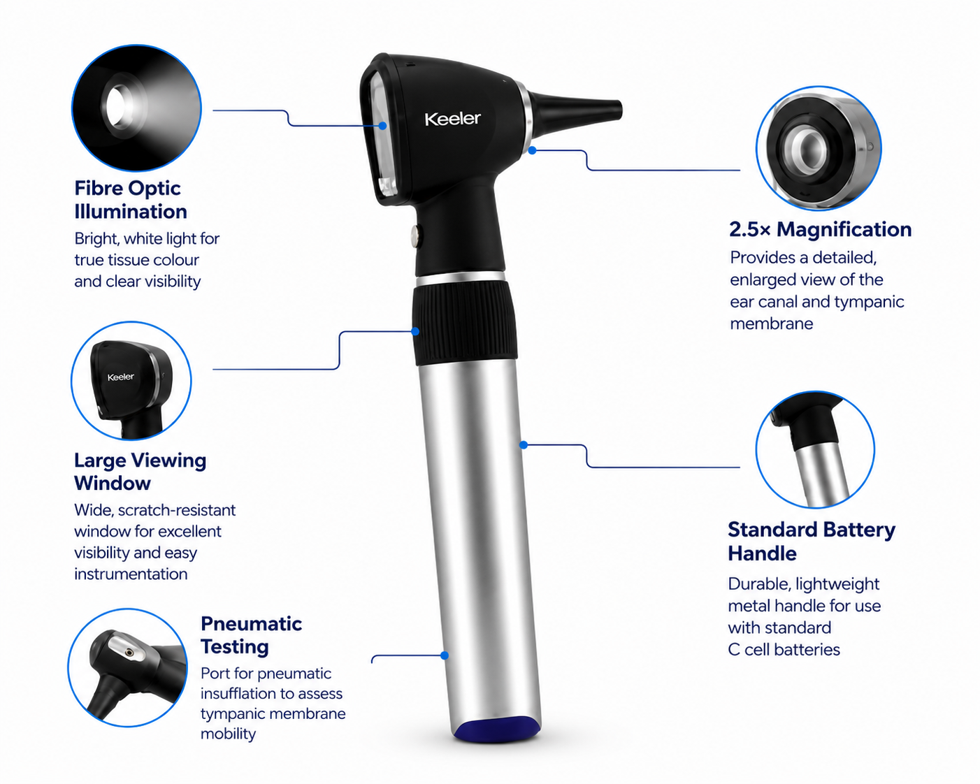 Keeler fibre optic otoscope with standard battery, showing a handheld medical device for ear examinations with a bright illumination.