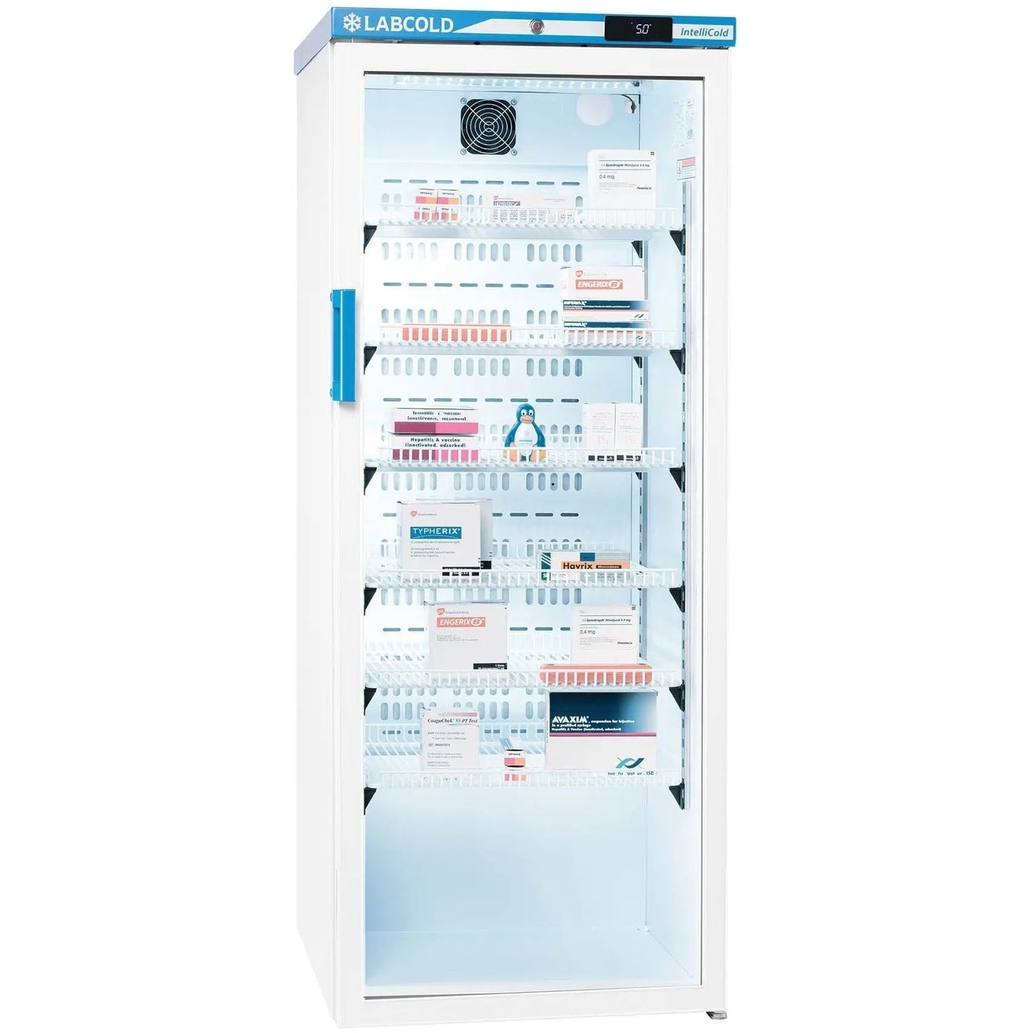 Labcold DigiLock glass door pharmacy refrigerator with 340-liter capacity, free-standing design, and digital lock for vaccine storage.