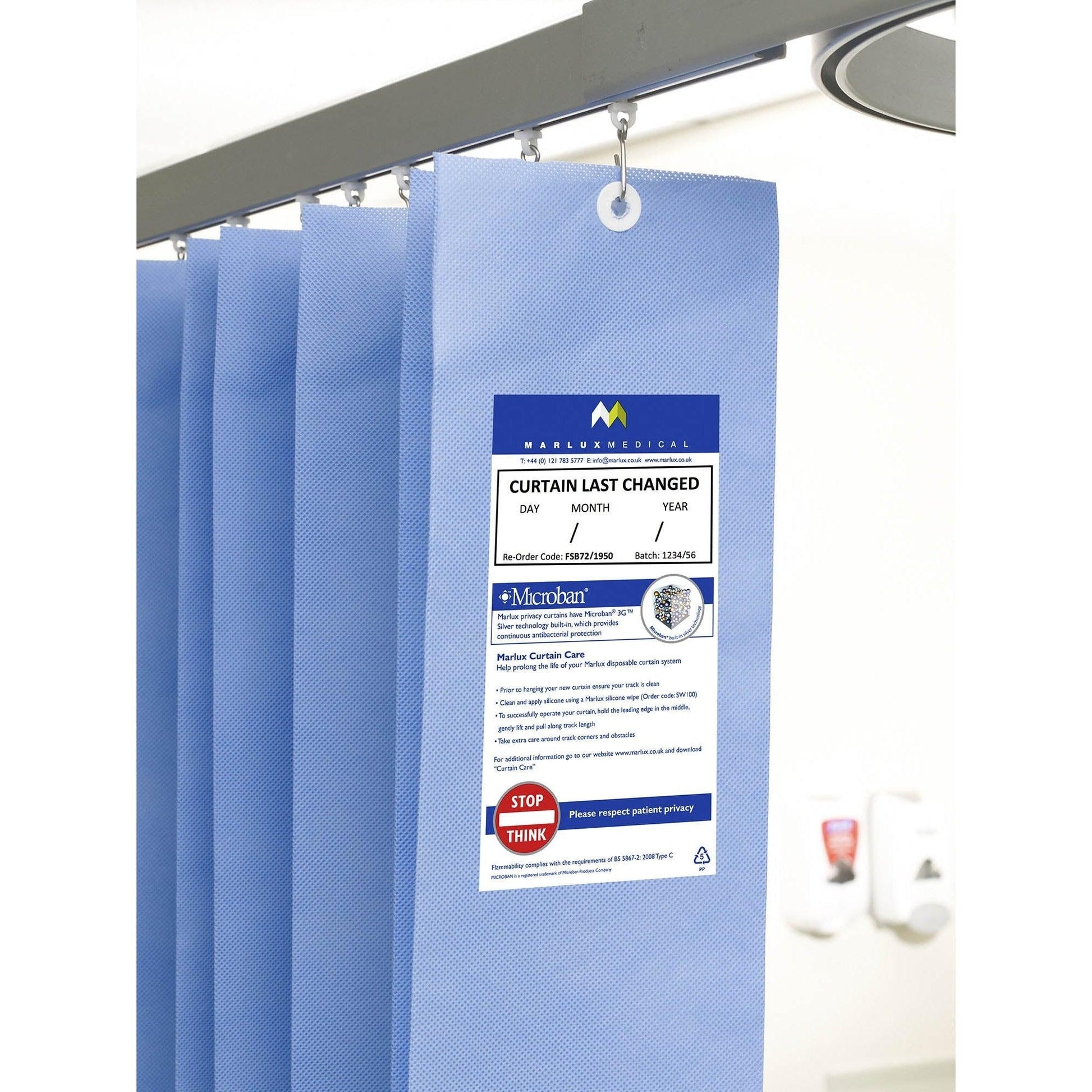 Marlux™ 4.2M x 1.95M universal anti-bac curtains hanging in a doorway, designed for hygienic, antimicrobial protection.