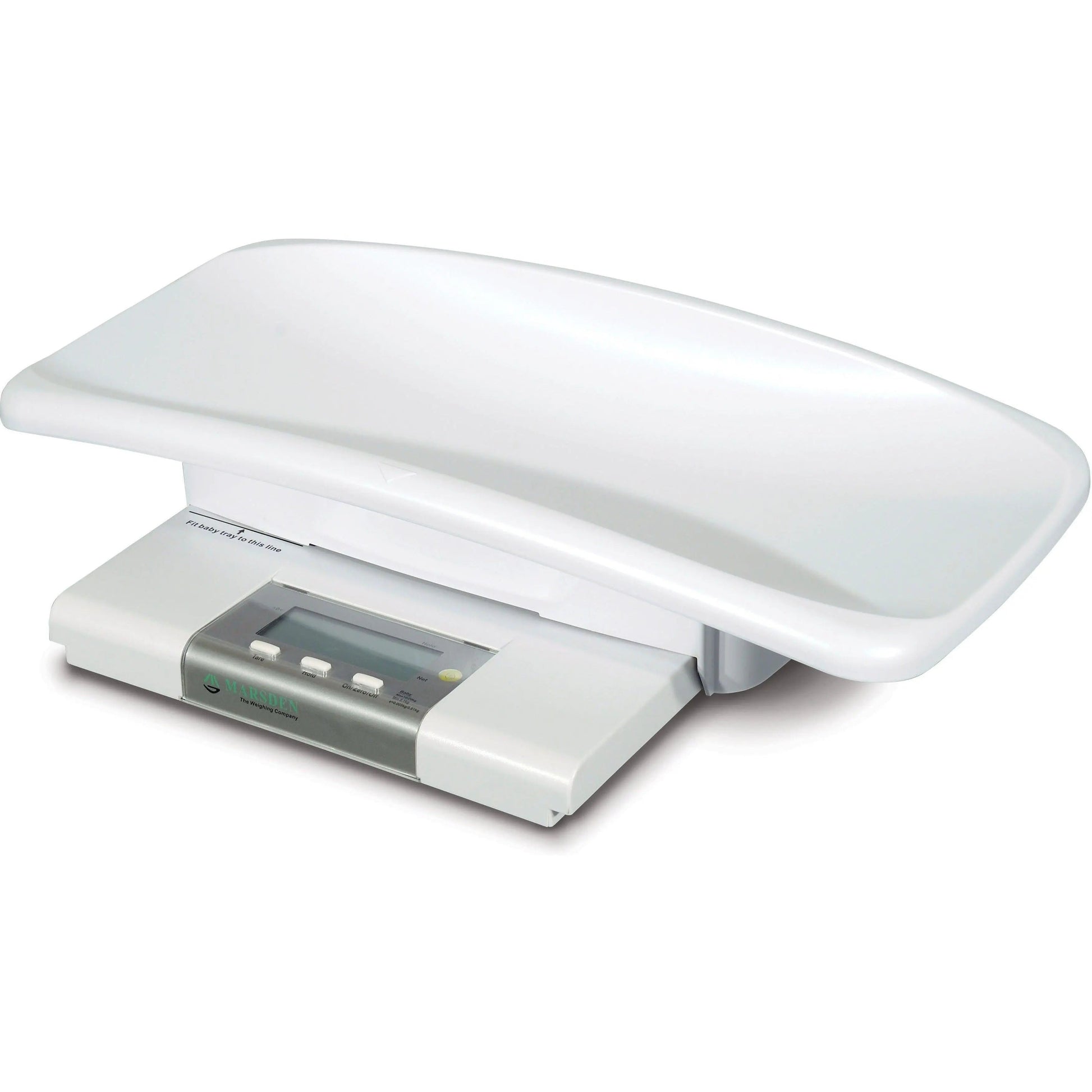 Digital baby and toddler scale with contoured tray and LCD display, white medical device