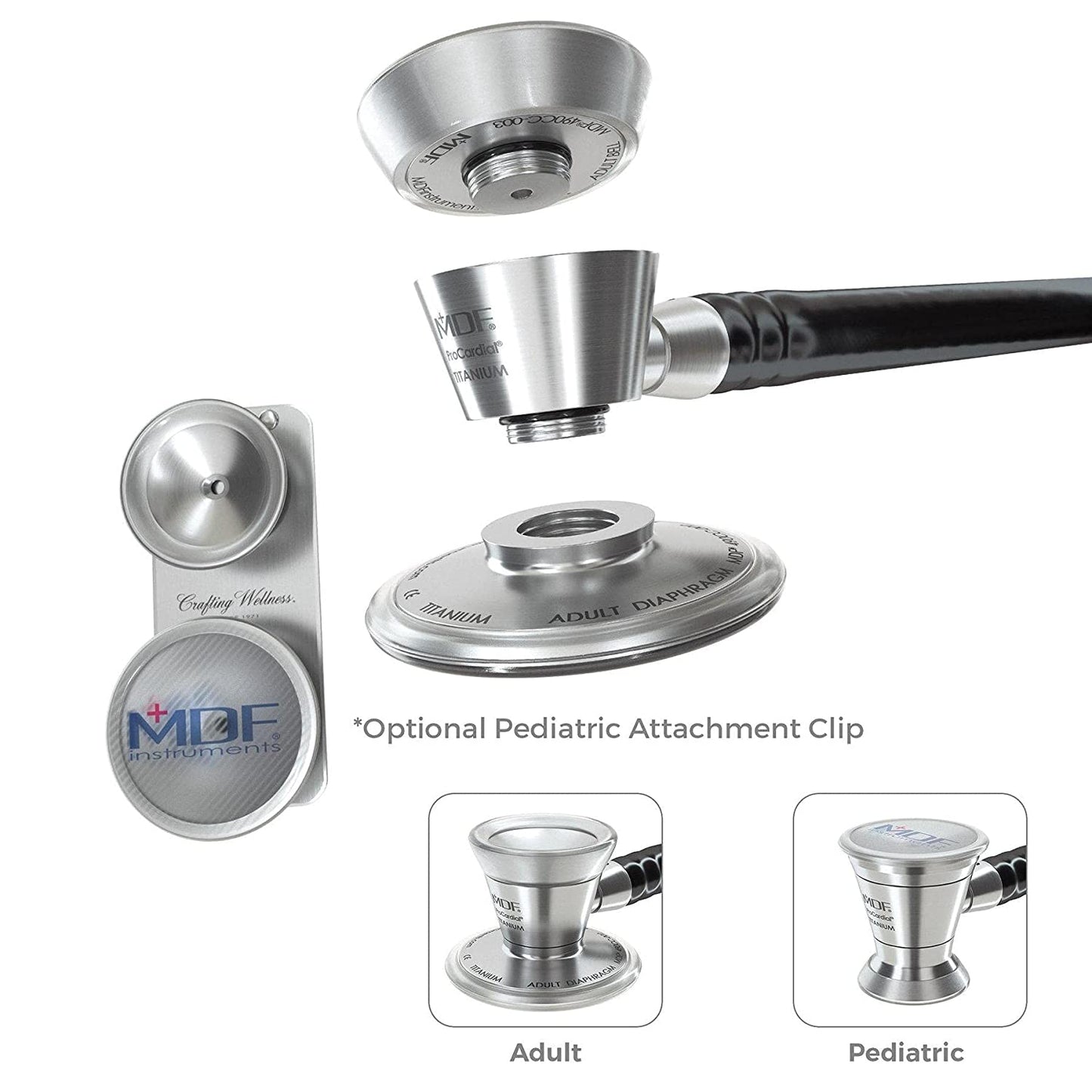 MDF Instruments pediatric attachment with clip for ProCardial titanium stethoscope, shown with clip and attachment details.