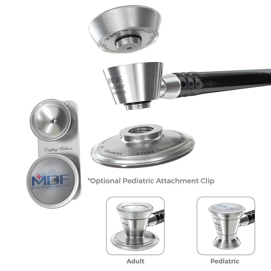 MDF Instruments pediatric attachment with clip for ProCardial titanium stethoscope, shown with clip and attachment details.