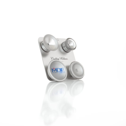 MDF Instruments pediatric and neonatal attachments with clip for ProCardial® Titanium stethoscope, shown attached to the stethoscope head.