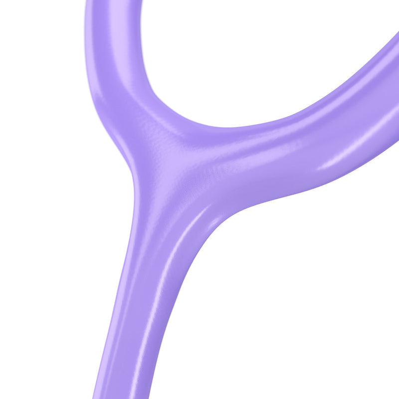 Pink MDF Instruments Acoustica Pinkore stethoscope with light purple tubing, featuring a dual-head chest piece and soft eartips.