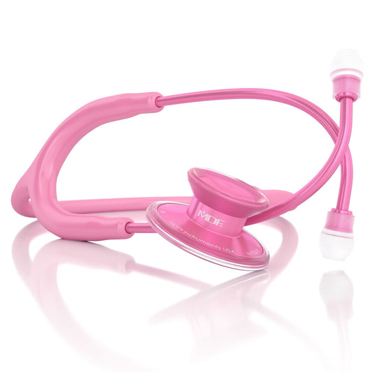 MDF Instruments Acoustica Pink Stethoscope Pinkore and Cosmo with pink tubing and dual-head chest piece for medical auscultation.
