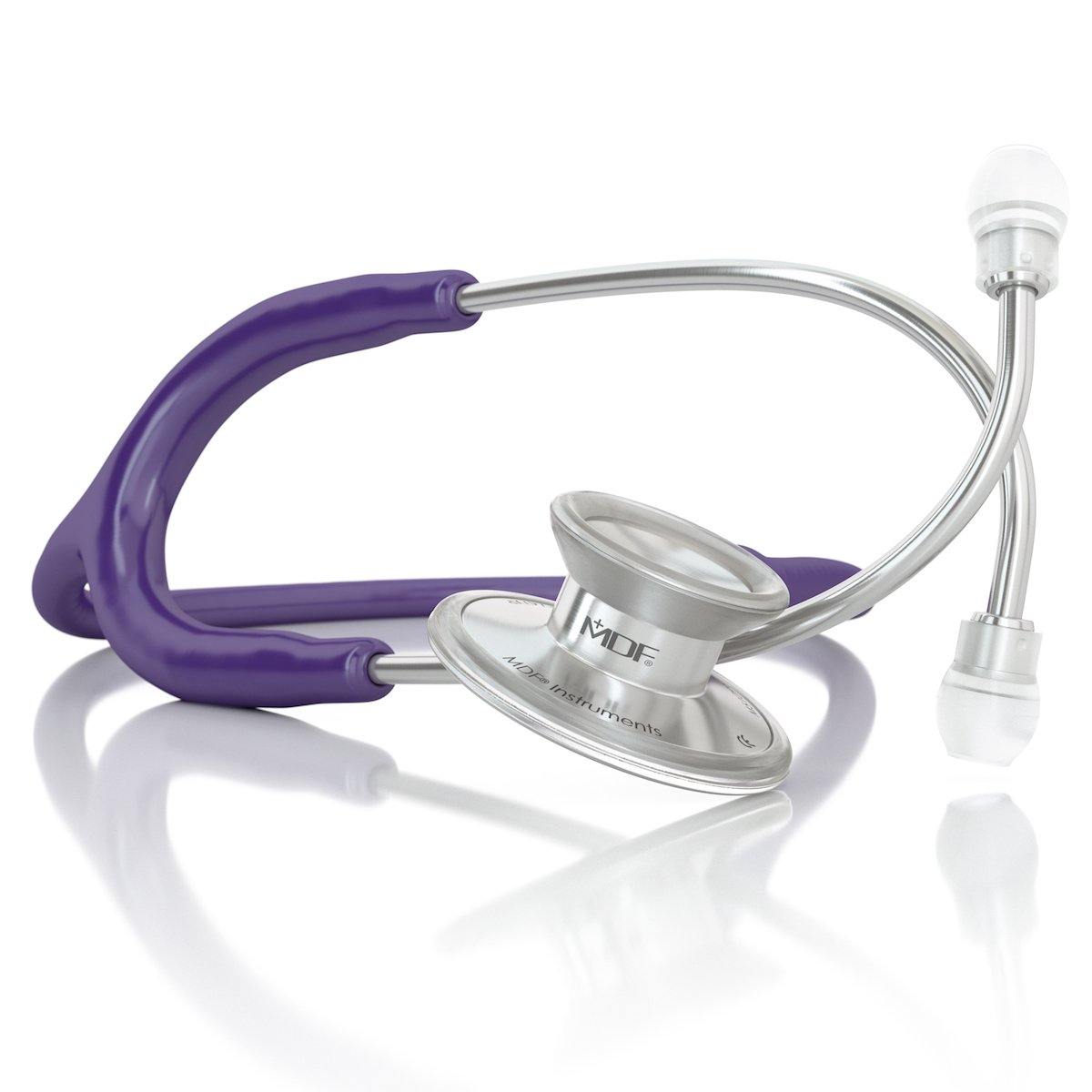 Purple MDF Instruments Acoustica® stethoscope with dual-head chestpiece and flexible tubing, designed for medical professionals.