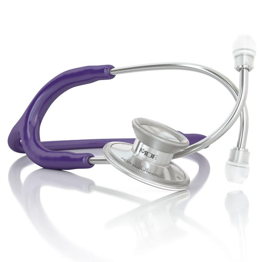 Purple MDF Instruments Acoustica® stethoscope with dual-head chestpiece and flexible tubing, designed for medical professionals.