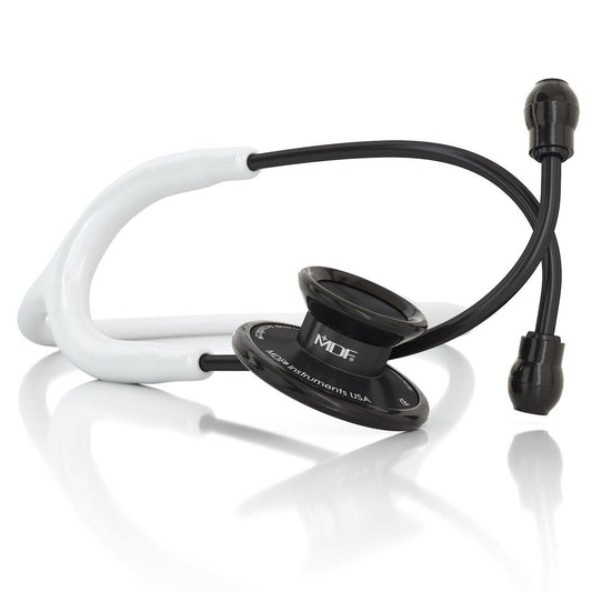 Acoustica MDF Instruments white and black stethoscope with dual-head chest piece and flexible tubing, designed for medical professionals.