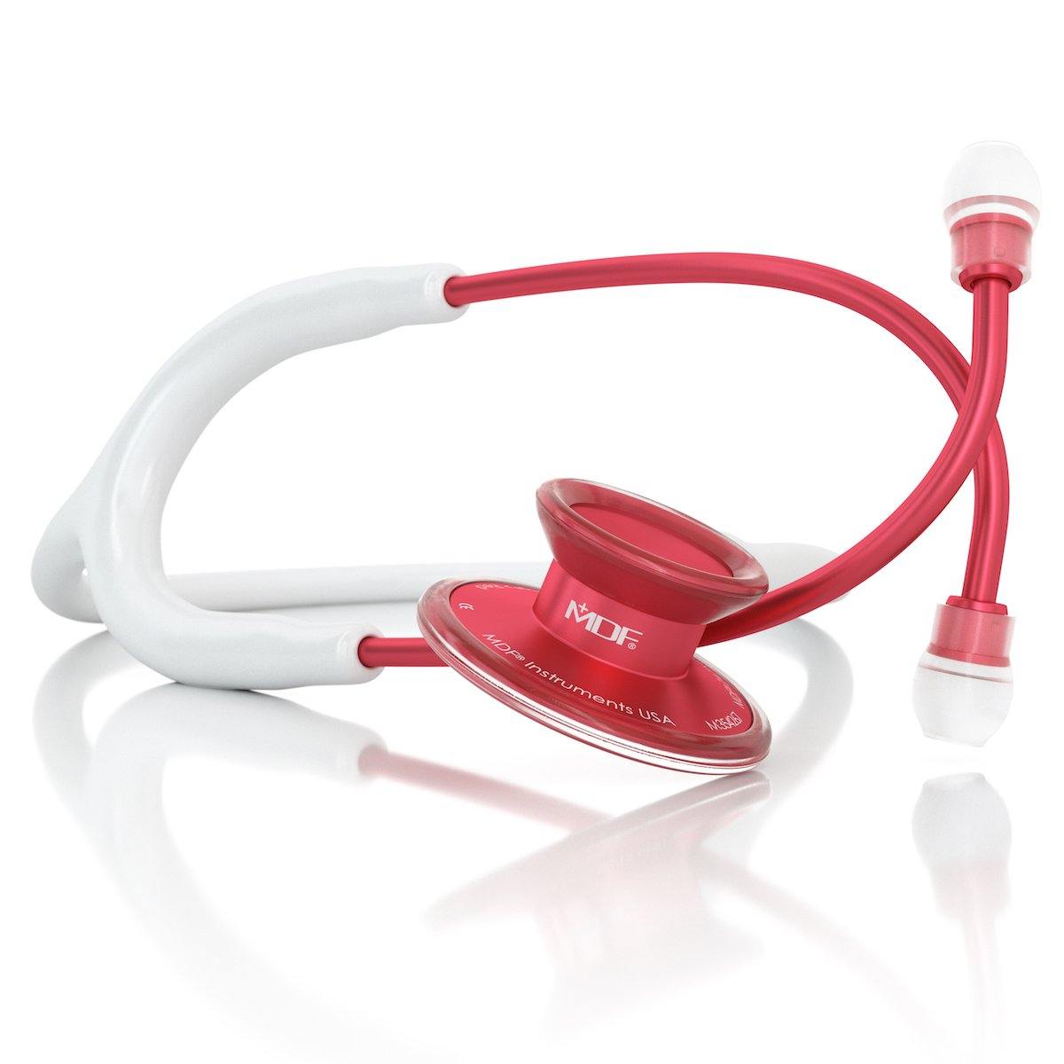 MDF Instruments Acoustica® stethoscope with white tubing and red chest piece, showing the dual-head design for medical auscultation.