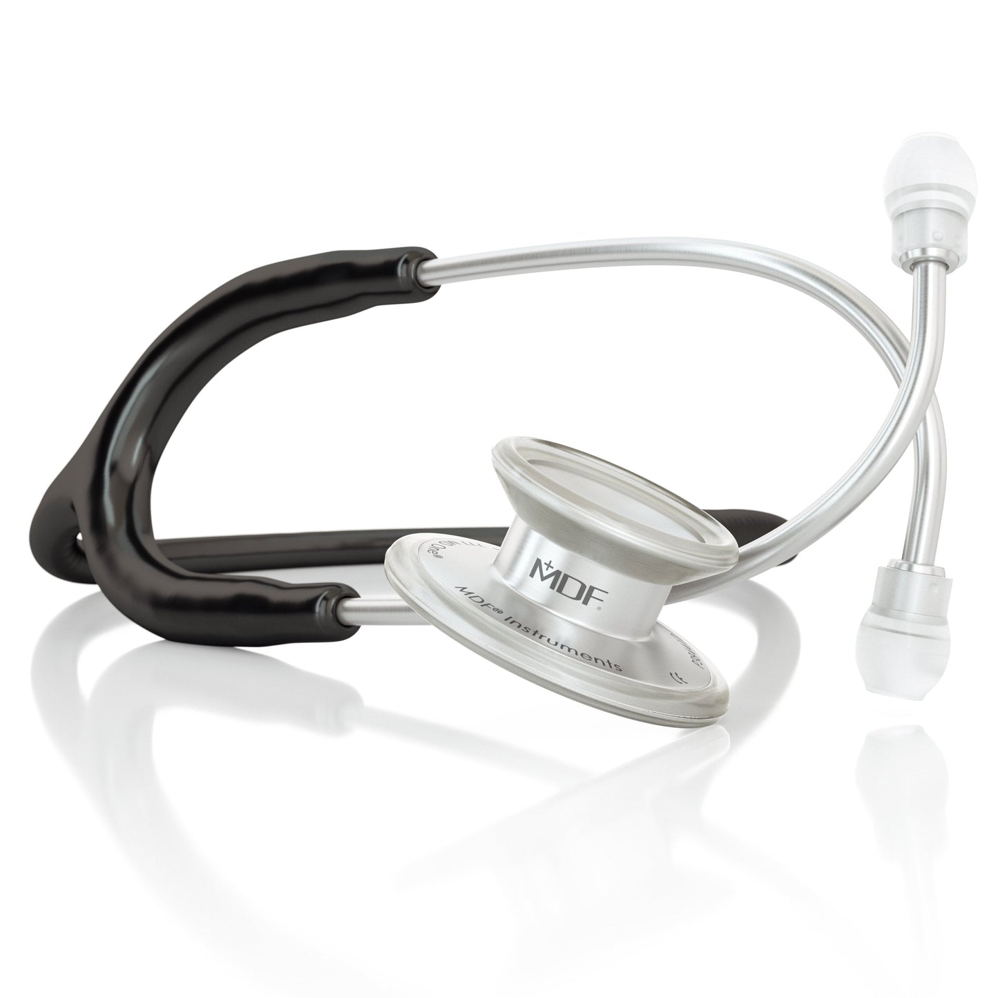 Black MD One® adult stethoscope by MDF Instruments with flexible tubing and eartips, used for medical auscultation.