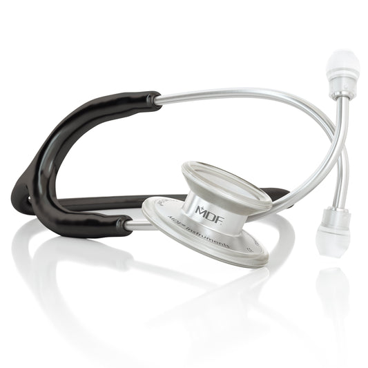 Black MD One® adult stethoscope by MDF Instruments with flexible tubing and eartips, used for medical auscultation.